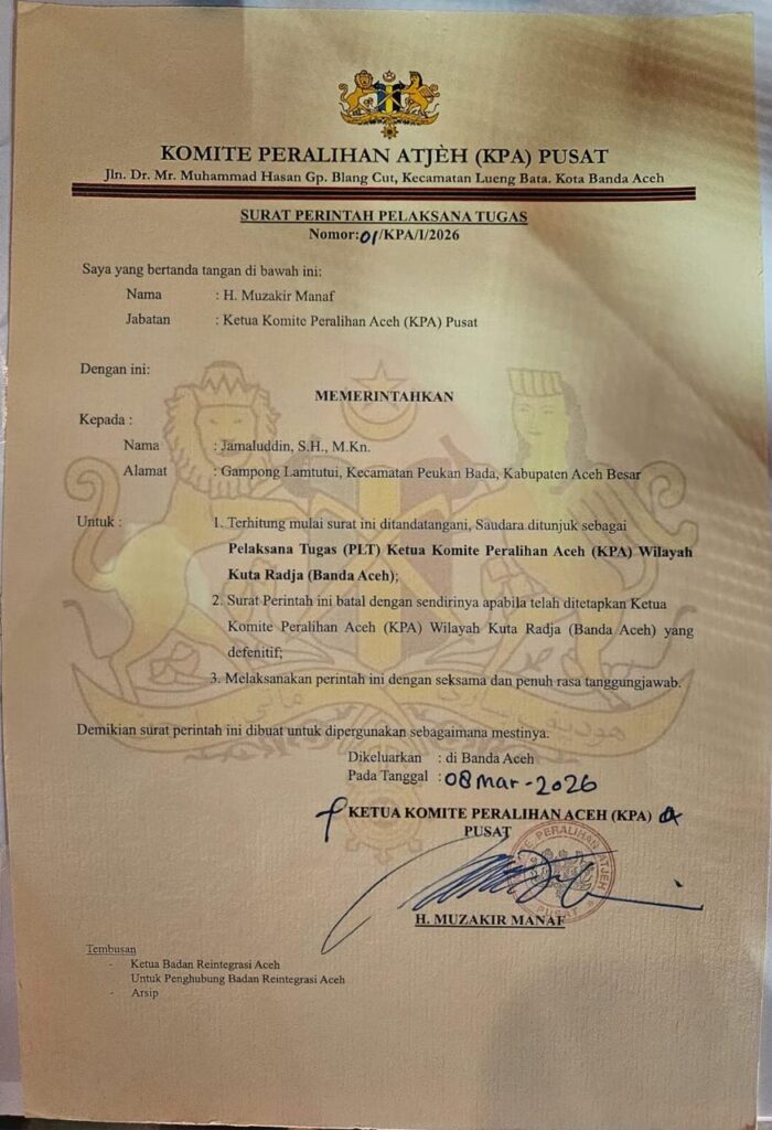 Surat Perintah Pelaksana Tugas Nomor 01/KPA/I/2026 yang ditandatangani langsung oleh Ketua KPA Pusat Muzakir Manaf .|Foto: Ist